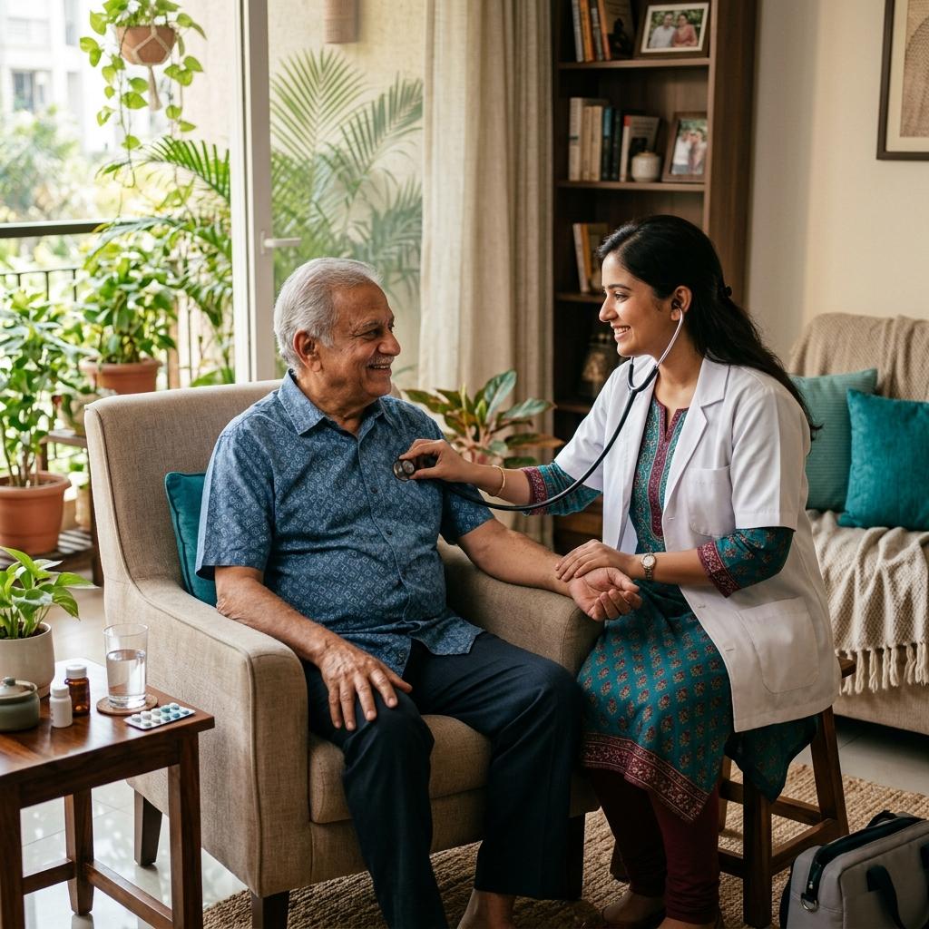 Caring doctor with elderly patient at home